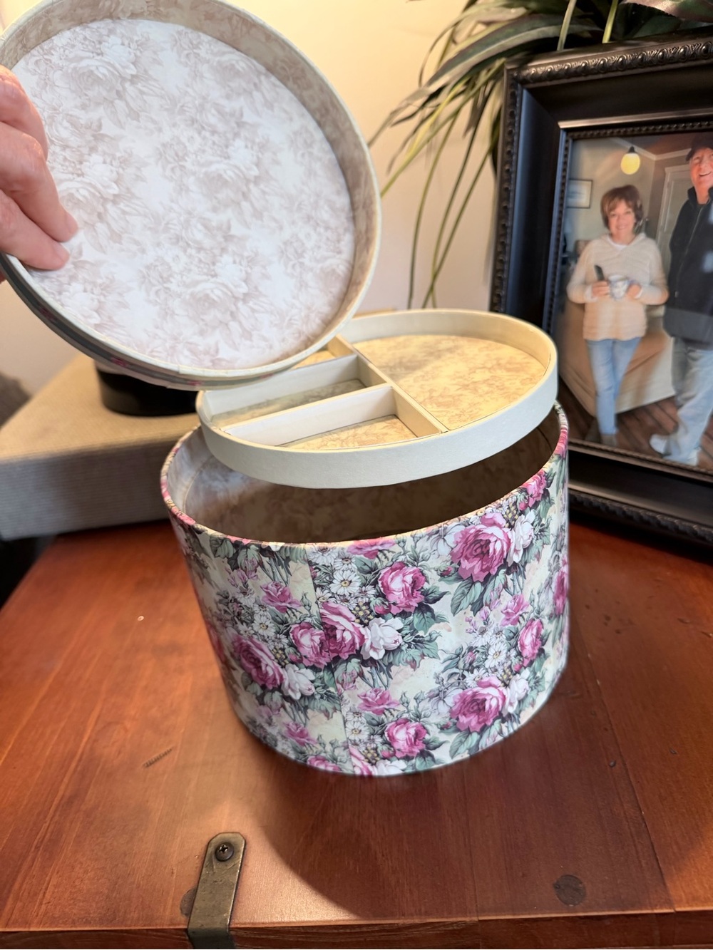 Floral Round Jewelry Organizer Box with Removable Tray - Pink